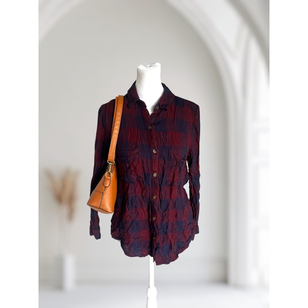 Stoosh Women's Plaid Button-Up Shirt Size S, Soft Rayon Long Sleeve Top